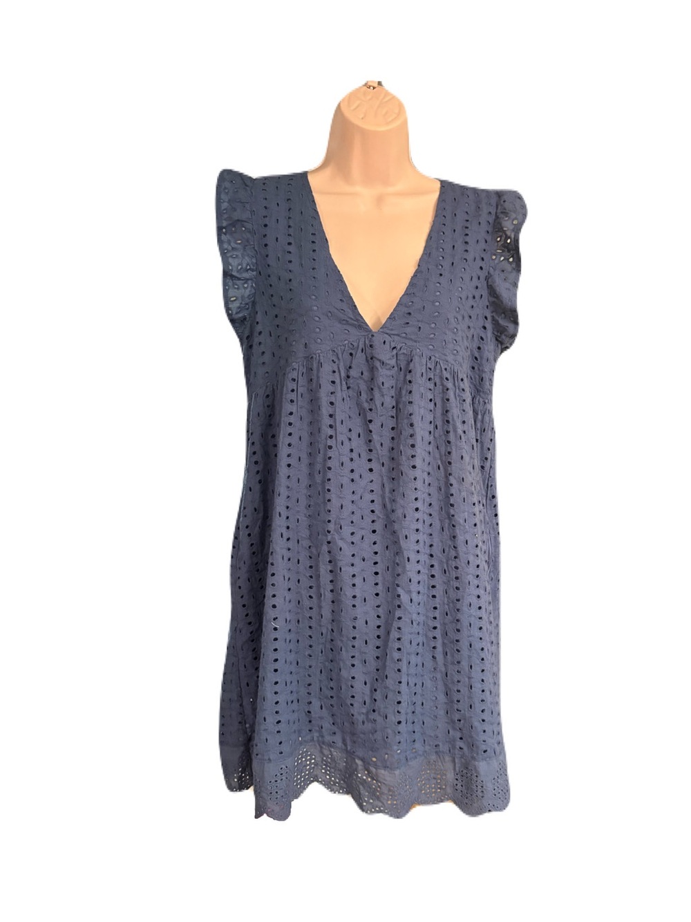 Pink Lily Blue Eyelet Romper Dress Hidden Shorts Flutter Sleeve Size M - Picture 2 of 6